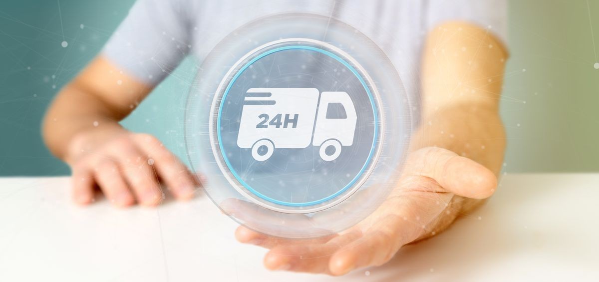 View of a Businessman holding a Fast delivery button with connection 3d rendering